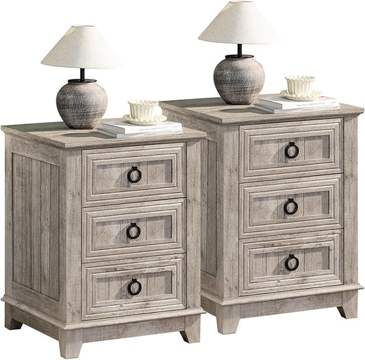 Farmhouse Night Stand Set of 2, 18" End Table with 3 Drawer Metal Handle, Dresser for Bedroom, Sofa Bed Side Table Chest of Drawers,Wood Nightstand Cabinet for Organizer, Living Room-Oak