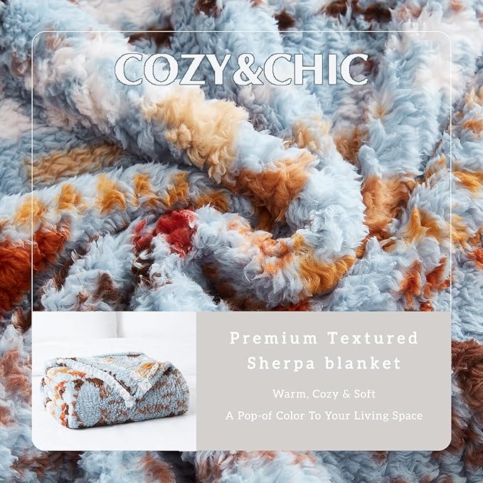 CASAAGUSTO Boho Sherpa Throw Blanket, Aztec Queen Blanket, Ultra Soft, Warm, Cozy, Plush, Thick Fleece Bohemian Throw Blanket for Couch, Bed, Sofa (Blue Grey 90 * 90 Inch)
