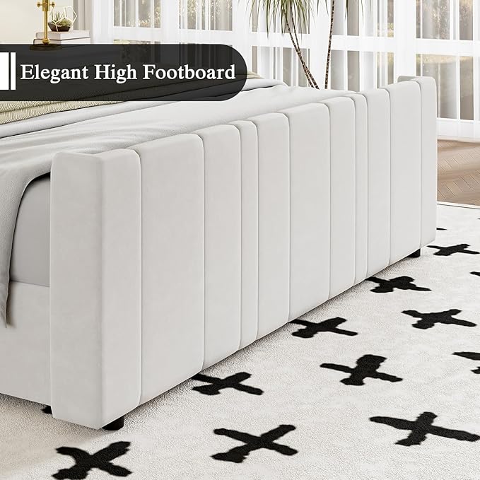 King Size Bed Frame and Headboard, Soft Velvet Upholstered Bed Frames with Vertical Channel Tufted Wingback Headboard & Footboard, Soft Bed Frame King, Noise Free, Easy Assembly, White