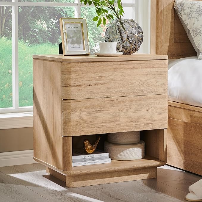 Nightstand with Charging Station, 22" Push-to-Open Bedside Table with 2 Storage Drawers, Large Modern End Table for Bedroom,Living Room,Natural Oak