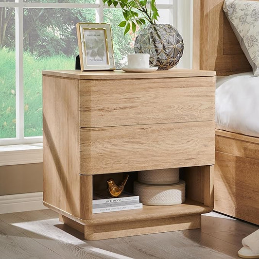 Nightstand with Charging Station, 22" Push-to-Open Bedside Table with 2 Storage Drawers, Large Modern End Table for Bedroom,Living Room,Natural Oak