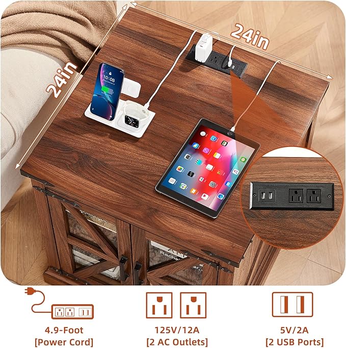 24" End Table Set of 2 with Charging Station, Farmhouse Night Stand with Glass Barn Door, Nightstands with Adjustable Storage Shelf, Large Wood Square Bed Side Table for Living Room,Bedroom