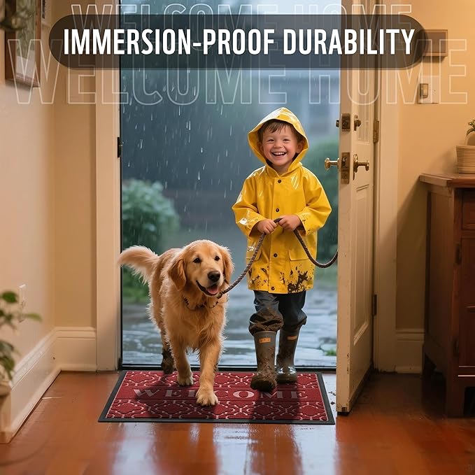 Yimobra Welcome Mat Outdoor Indoor, All-Season Waterproof Front Door Mat Outside Entrance, All-Weather Heavy Duty Non-Slip Doormat, Low Profile Porch Patio Entrance Mats, 36x24, Red
