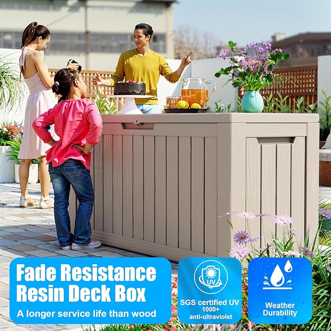 Vixzen 80 Gallon Resin Deck Box, Lockable Outdoor Storage Box for Patio Cushions Storage Furniture,Garden Tools, Pool Supplies, Weatherproof and UV Resistant- Grey
