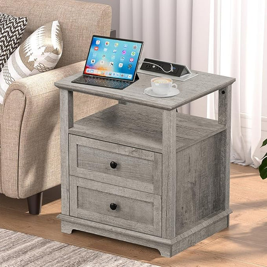 HIFYOBRO End Table with 2 Drawers and Charging Station, Type-C & USB Port & Power outlets, Wooden Storage Cabinet, Large Side Table with Storage for Living Room and Bedroom