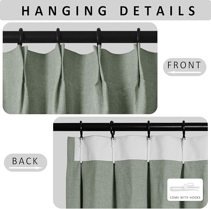 Macochico 120”Wx102”L 100% Blackout Linen Curtains Pinch Pleated Thermal Panels for Sliding Door Bedroom Living Room Farmhouse Shabby Chic Fog Green Burlap Curtains with Tieback 1 Panel