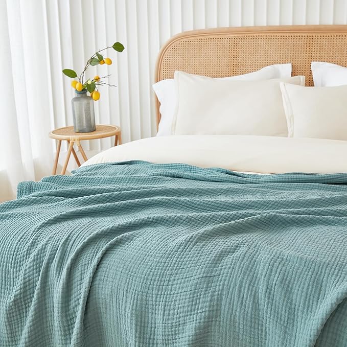 EMME Cotton Blanket Twin XL for Bed Soft Muslin Blankets 66"x90" Lightweight Breathable Layering Bedspread Coverlet All Season Gauze, Teal