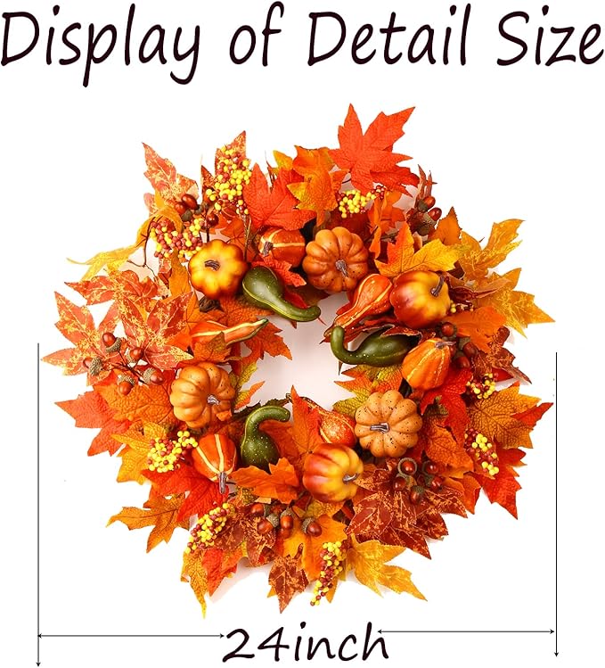 24 Inch Fall Wreaths for Front Door, Fall Decorations for Home,Fall Wreath,Autumn Wreath with Pumpkins Berries Maple Leaves for Thanksgiving Halloween Decorations Indoor Outdoor Outside Fall Decor