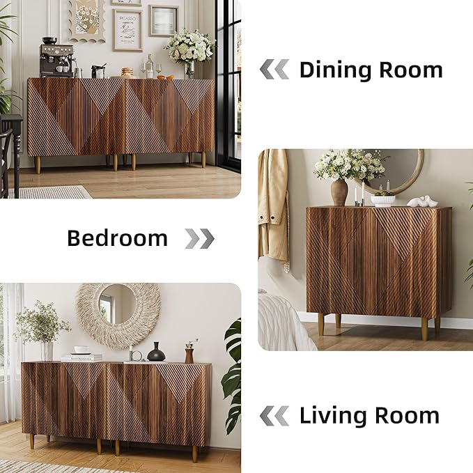 Set of 2 Fluted TV Stands with Storage, 65 Inch Accent Sideboard Large Console Table with Adjustable Shelves, Mid Century Modern TV Cabinets for Living Room, Dining Room, Walnut