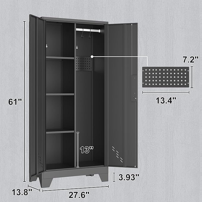 Metal Storage Cabinet with Locking Doors, 61" Tall Garage with Hanging Rod, Broom Closet, Freestanding Bathroom Storage Cabinet, Cleaning Tool,Black