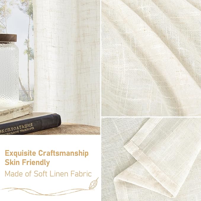 LAMIT Linen Curtains 63 Inch Length for Living Room, Linen Light Filtering Boho Semi Sheer Window Textured Burlap Drapes with Bronze Grommet for Bedroom, 2 Panels Set, 60 x 63 Inch, Cream
