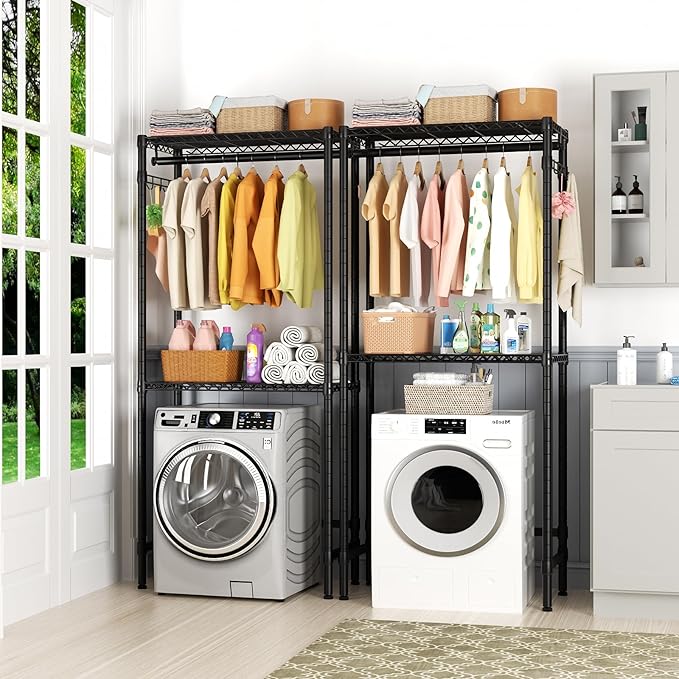 Over Washer and Dryer Shelves,2 Tier Adjustable Height Wire Shelving Laundry Room Storage Organization Clothes Drying Rack with Hanger Rod&Hooks,Space Saving Organizers Shelf,Black