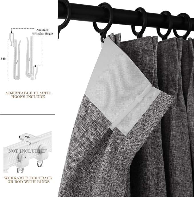 Extra Wide 100% Blackout Linen Textured Curtains - Room Dividers, W200 x L96 (1 Panel), Pinch Pleat Drapes for Living Room, Full Light Block Out Drapery for Sliding Door, Gray