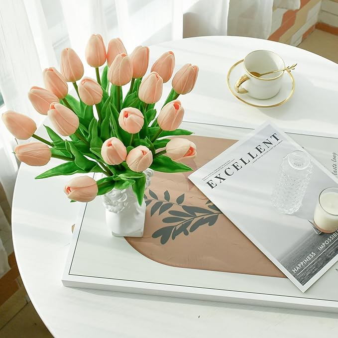 Mandy's Artificial Tulips 20 Stems Champagne PU Faux Flowers for Wedding Home Decor 13.5 Inch