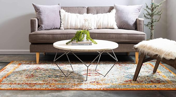 Unique Loom Rosso Collection Vintage, Traditional, Bohemian, Geometric, Distressed, Southwestern Area Rug, 5' 0" x 8' 0", Beige/Orange