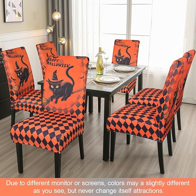 JQinHome Orange Halloween Chair Slipcover,Cat Chair Covers Set of 4, High Stretch Washable Chair Protector Cover for Dining Room, Kitchen,Home Party,Wedding Ceremony(Cat Orange,4PC)