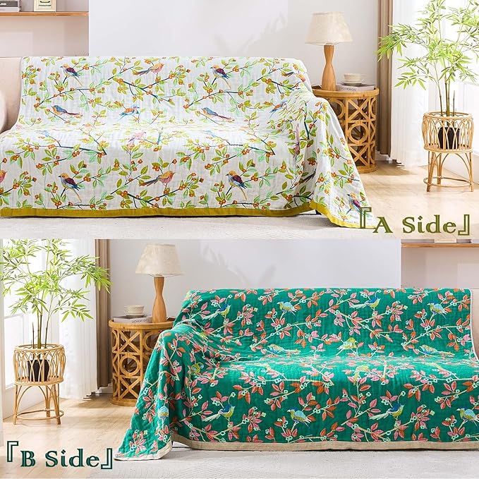 Boho Throw Blanket for Bed, 100% Cotton Soft Rustic Quilt Fall Blanket, 80"x90" Floral Printed Farmhouse Decor Bed Blankets, All Season Rustic Reversible Bohemian Throw Quilt