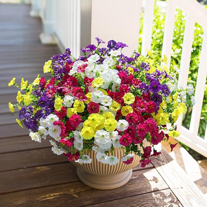 Artificial Flowers for Outdoors Fake Plants Outside Decoration, 12 Bundles Silk Colorful Morning Glory with Eucalyptus UV Resistant Realistic Faux Flowers for Planter Front Door Garden Yard