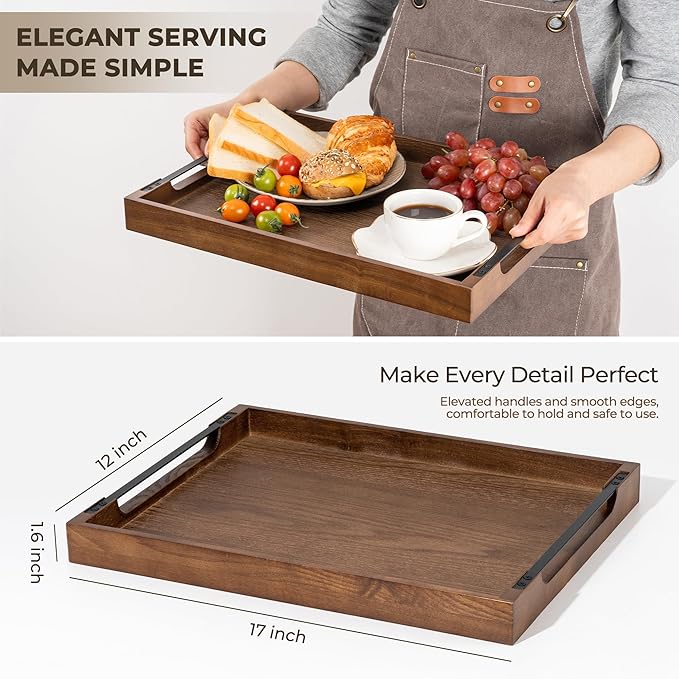 Axeman Wooden Serving Tray with Metal Handles|Ottoman Tray for Breakfast, Bed, Couch|17x13in Ash Wood Coffee Table Trays|Food Drinks Decorative Storage Boards for Ottoman Kitchen, Walnut