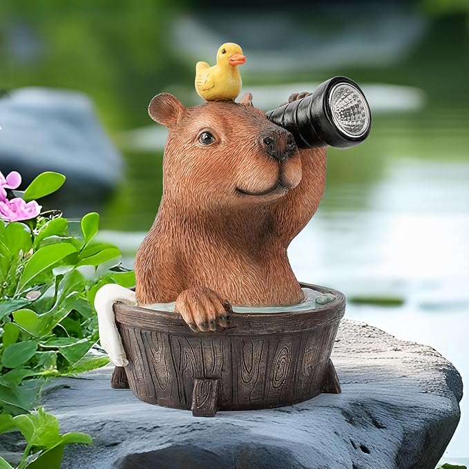 Capybara Solar Garden Statue – Funny Outdoor Resin Animal Decor with Flashlight & Duck – Waterproof Yard Lawn Ornament with LED Light – Solar Powered Figurine for Patio, Porch, Landscape