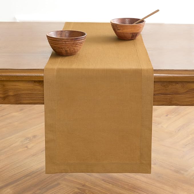 Solino Home Linen Table Runner 60 Inches - 100% Pure Linen Caramel Table Runner 14 x 60 Inch Ideal for Dresser and Coffee Tables - Fall, Autumn, Thanksgiving - Fete