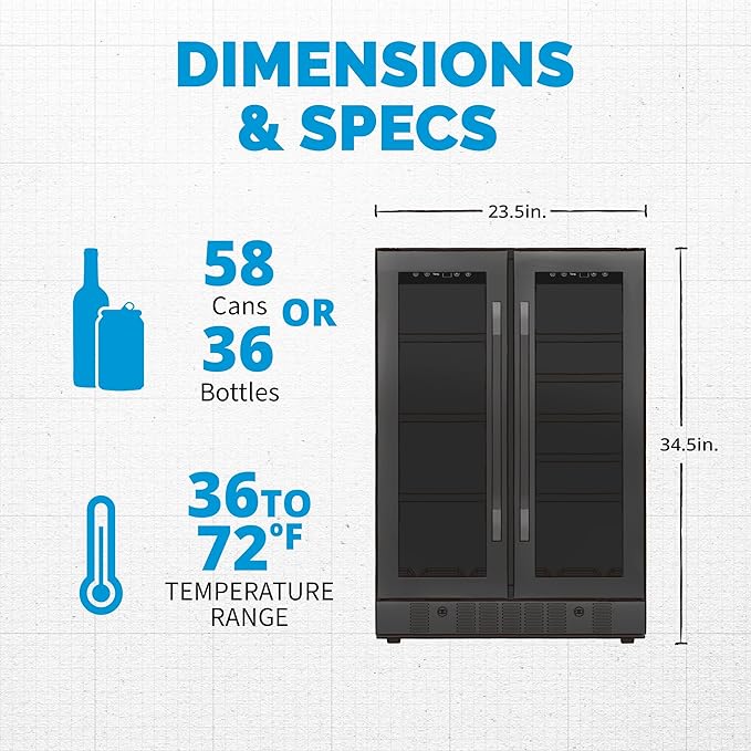 NewAir 24" Dual Zone Wine and Beverage Refrigerator, 18 Bottle & 58 Can, French Door Built-In Fridge with Lock, Black Stainless Steel Cooler, Digital Thermostat, Adjustable Shelves