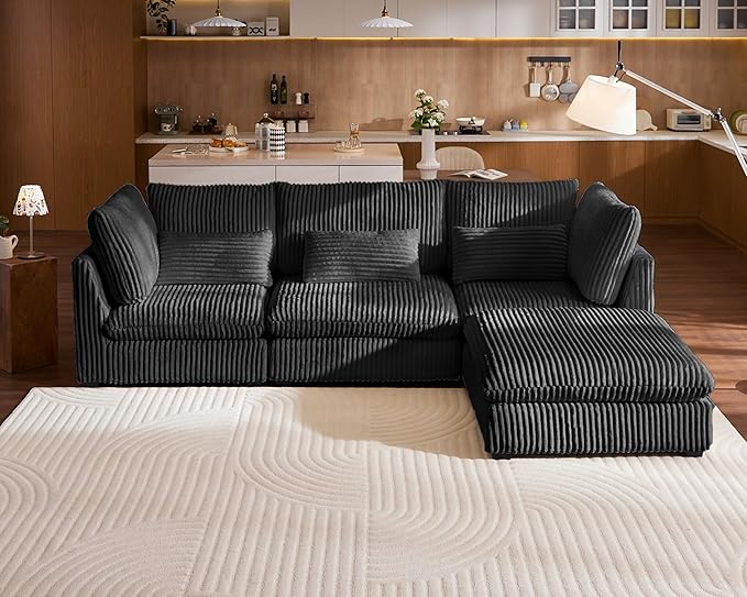 Oversized Modular Sofa, Extra Deep Cloud Corduroy Sectional Couch with Ottoman Chaise, Fluffy Chenille L-Shaped Sofas for Living Room, Villa (L Shape 4 Seater, Corduroy Black)