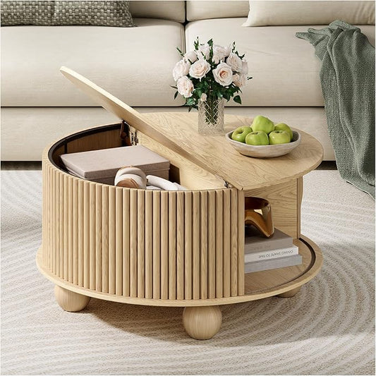 Round Coffee Table with Storage,Fluted Lift Up Coffee Table with Sliding Door,31.5" Drum Center Table with Bun Feet for Living Room,Home Small Space,Oak