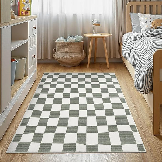 jinchan 3x5 Checkered Area Rugs for Kids Room - Machine Washable Soft Rug Modern Geometric Lattice Non-Slip Carpet for Nursery Playroom Bedroom Entryway Living Room Dining Room Home Office Grey