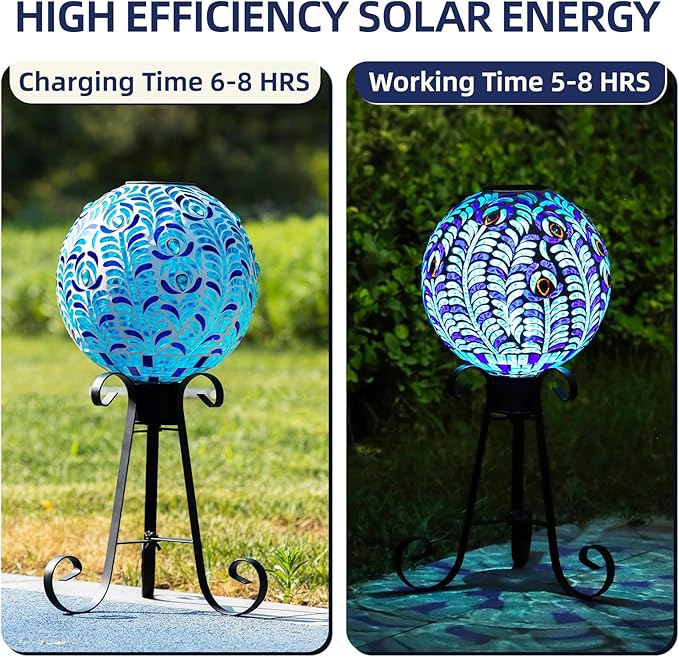 VOREEN Solar Gazing Ball, 10" Mosaic Glass Gazing Globe with Solar Light, Handmade Outdoor Yard Decor Sphere for Patio Lawn Garden, Gift for Mom Wife Friend, Peacock Feather Design (Blue)