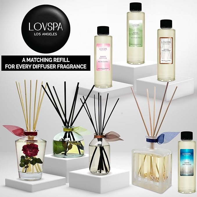 LOVSPA Reed Diffuser Set, Coconut & Eucalyptus Scented Oil Diffuser with Sticks, Home Fragrance Accessories for Bathroom Shelf Decor, Aroma Diffusers for Home or Office Desk, USA Made