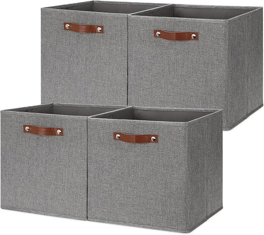 HNZIGE Fabric Storage Cubes Bins Baskets for Shelves Set of 4 Baskets, 13 Inch Storage Bins with Handles, Foldable Storage Cube Organizer Bins Organizing Home Nursery (Gray)