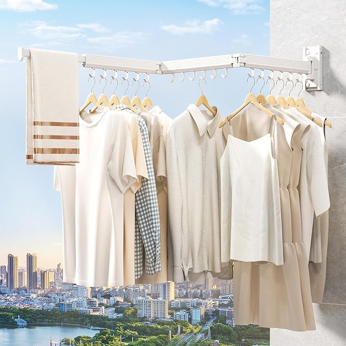Laundry Rack Wall Mounted,Clothes Drying Rack,Drying Rack Clothing,Clothes Rack,Laundry Hanger Rack,Laundry Drying Rack,Drying Rack Wall Mounted,Retractable ,Collapsible,White Color（J-type Hooks）