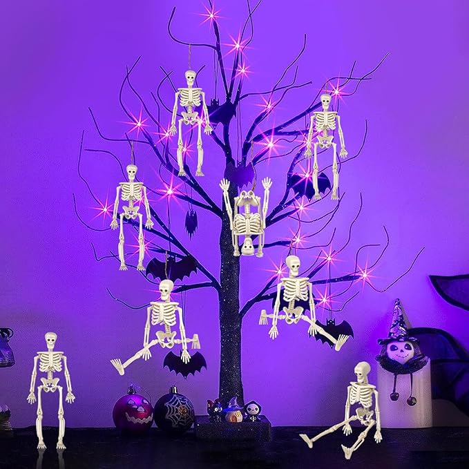 24 Pcs mini skeleton halloween decoration With hemp rope，6”small plastic posable halloween tiny skeleton figurines decor for Halloween Indoor Outdoor Graveyard Decor Haunted House Party Favors