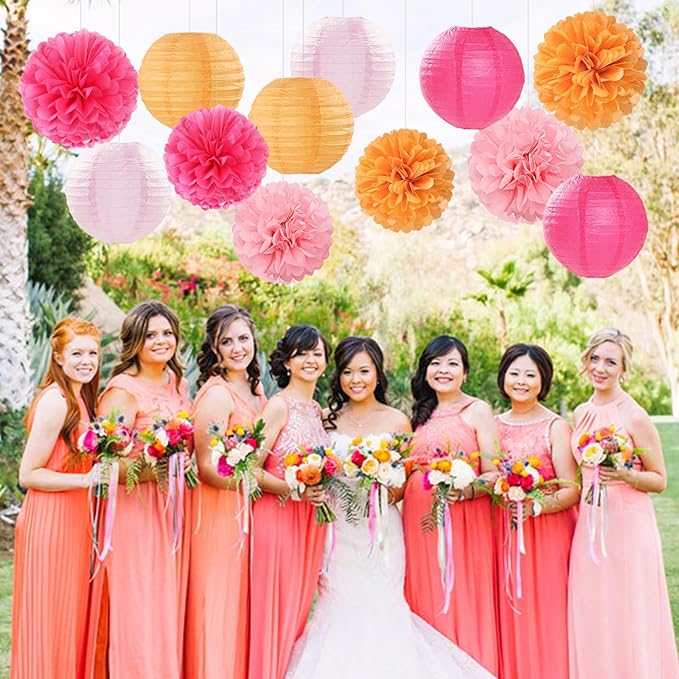 Pink-Orange Party-Decorations Paper-Flowers Lanterns - 15PCS Fall Wedding Birthday Tissue Pom Poms Streamers, Boho Baby Bridal Shower Graduation Sunset Hanging Supplies Decor Hugfond
