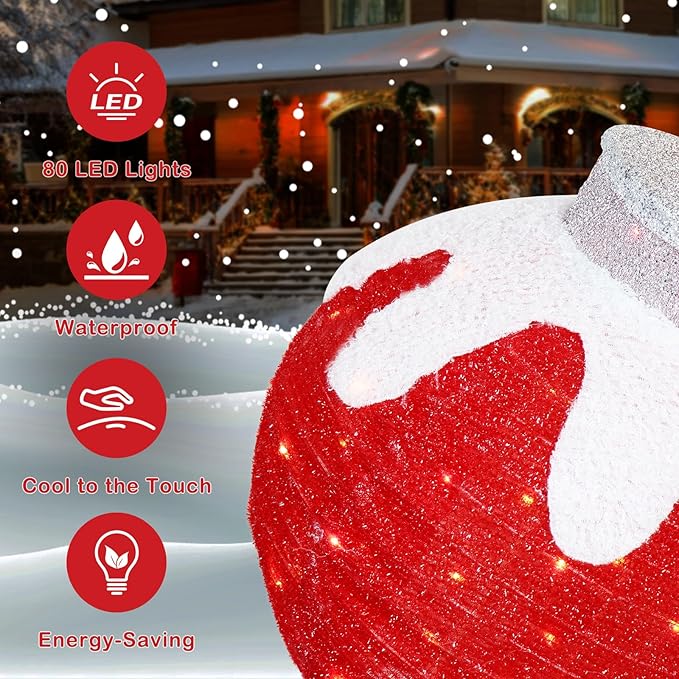 BRIGHTDECK Outdoor Christmas Ornaments, Lighted Pop-Up Outdoor Holiday Ball Decoration with 80 LED Lights, 8 Light Modes, Lighted Collapsible Holiday Decorations for Yard, Home (Red)
