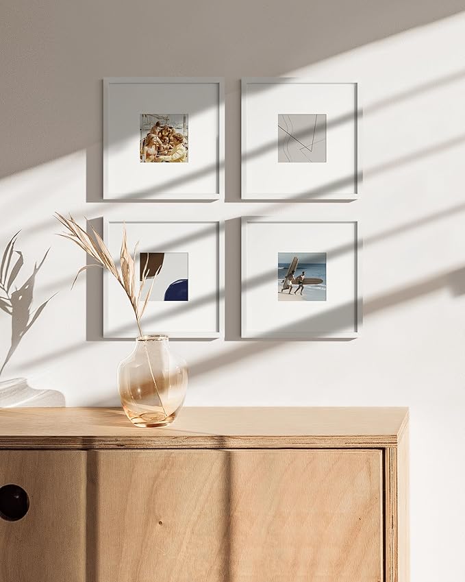 HAUS AND HUES 8x8 White Metal Picture Frames Matted to 4x4 - Features Premium Aluminum, Shatterproof Plexiglass - Ideal for Home, Room, Office (8x8 in, White, Set of 4)
