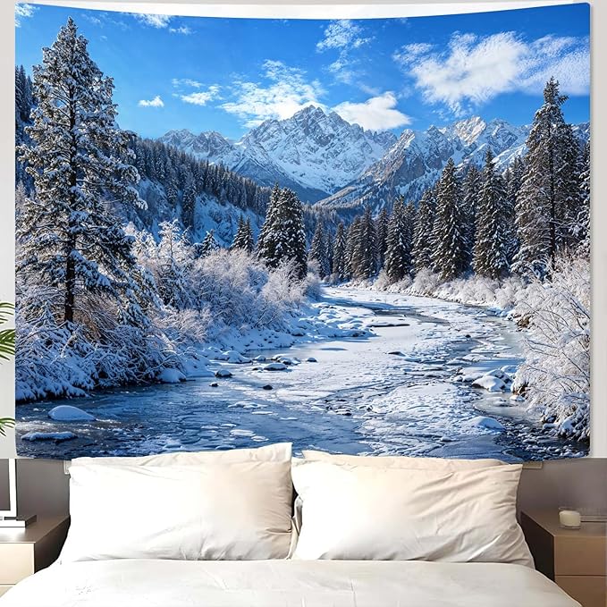AMM Winter Forest Snow Mountain Tapestry Snowy Pine Tree Woodland Tapestry for Bedroom Aesthetic White Clouds Flowing River Landscape Tapestries Wall Hanging for Living Room Dorm Office 60 x 44 Inch