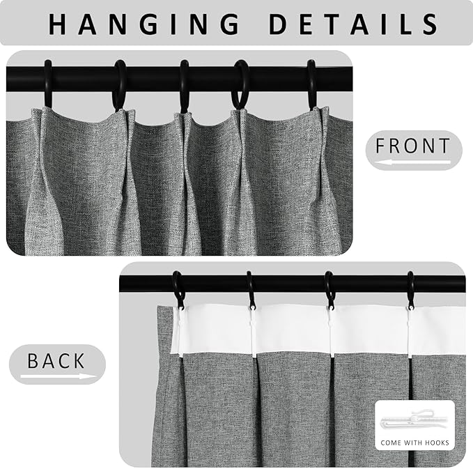 Macochico 100% Blackout Pinch Pleated Linen Curtains 84 Inch Length Thermal Blackout Curtains for Bedroom Living Room Nursery Mid Grey Farmhouse Burlap Curtains with Tieback 52”Wx84”L 1 Panel