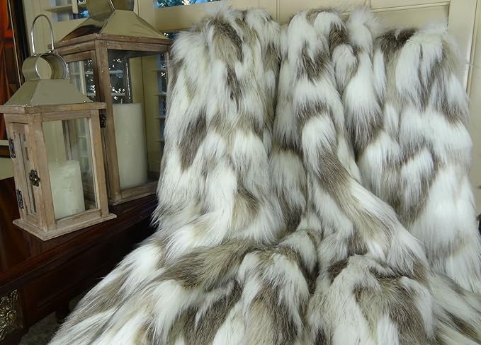 Ivory Beige Luxury Faux Fur Throw Blanket - Tibet Fox Fur - 108W x 90L