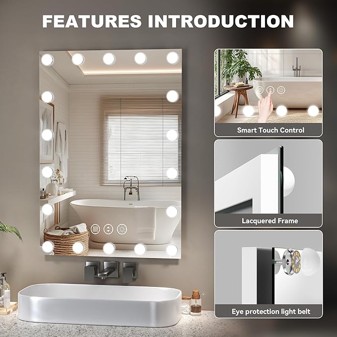 Hasipu LED Bathroom Mirror with Lights, 32" x 32" Hollywood Wall-Mounted Bathroom Mirror with 16 Dimmable Bulbs, 3 Colors Modes, Touch Control, Anti-Fog, Memory Function, Shatter-Proof, ETL Listed