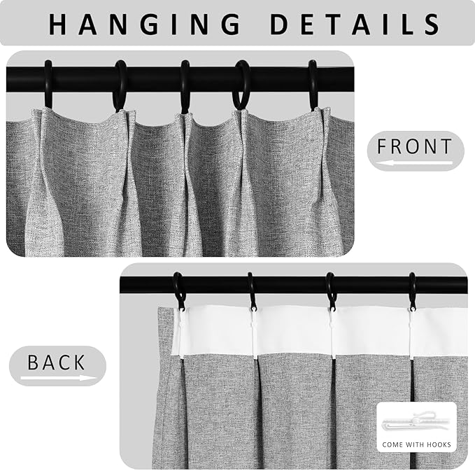 Macochico 100”Wx102”L 100% Blackout Pinch Pleated Linen Curtains for Sliding Door Bedroom Living Room Farmhouse Thermal Insulated Light Grey Burlap Drapes with Tieback 1 Panel Shabby Chic Style