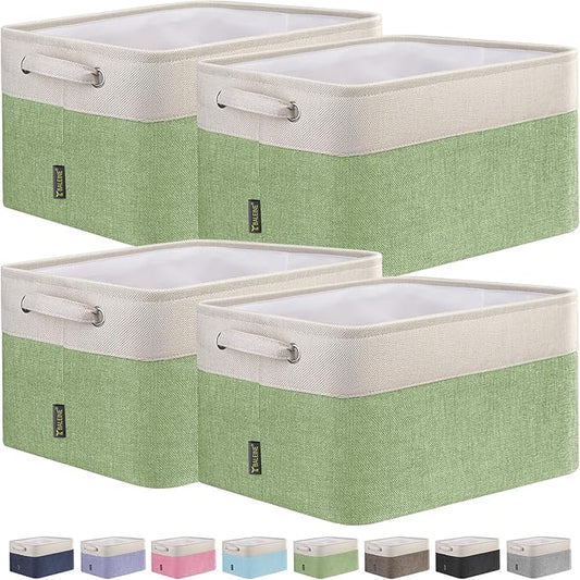 BALEINE 4 Pack Fabric Storage Bins for Shelves, Linen Storage Baskets for Organizing, Decorative Closet Bins for Clothes, Home (Green, 12"x8"x8")
