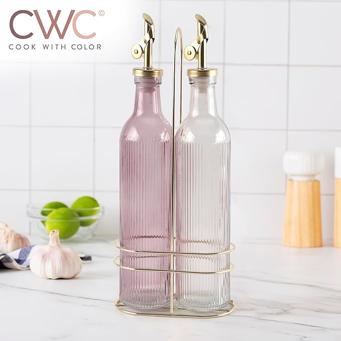 COOK WITH COLOR Glass Olive Oil Bottle Dispenser - 2 Pack- 17oz Oil and Vinegar Cruet - Olive Oil Carafe Decanter for Kitchen
