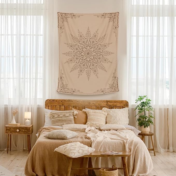 Damanse Floral Tapestry Wall Hanging Cute,Boho Wall Tapestry for Bedroom Aesthetic,Mandala Living Room Decor for Teen Girls (Flaxen, 70.9"x90.6")