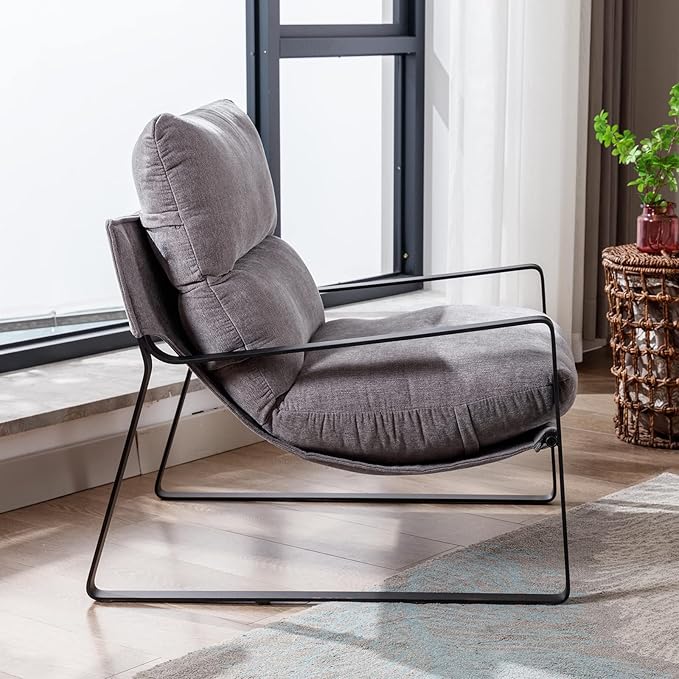 DUOMAY Modern Accent Arm Chair Set of 2, Comfy Linen Lounge Lazy Chair with Metal Leg, Mid-Century Corner Chair for Living Room Bedroom Office Apartment, Grey