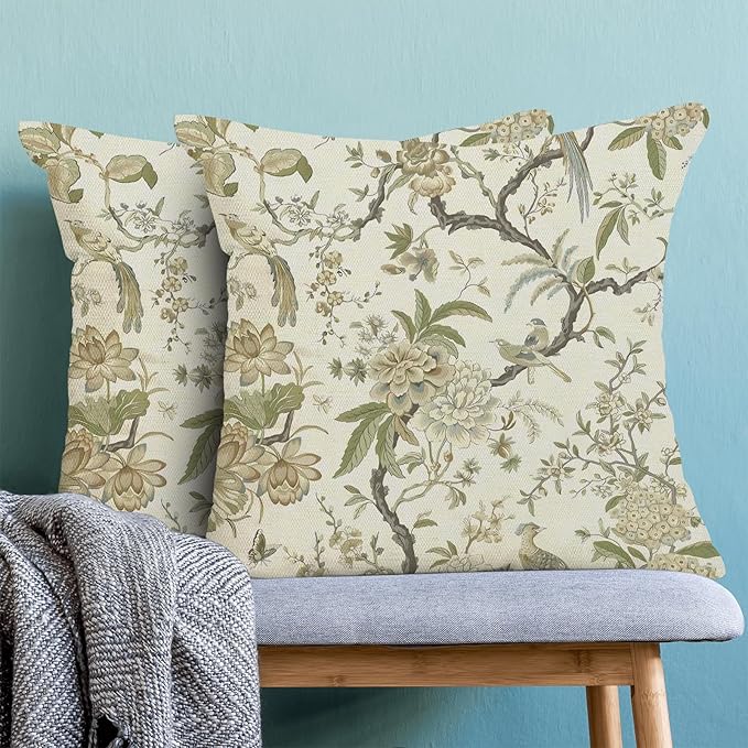 CXMEIFLY Spring Floral Birds Pillow Covers 24 x 24 Inch Set of 2 for Chinoiserie Flowers Decor Throw Pillows Sage Green Plant Outdoor Decorative Cushion Cases for Couch Bed Decorations