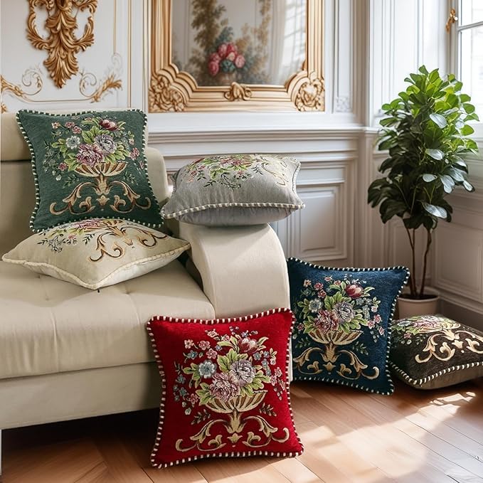 Set of 2 Beige Vintage Throw Pillows Covers 18x18in，Floral Embroidered Cushion Cover for Sofa Bedroom，Euro Sham Covers Retro Home Decor Pillows Covers