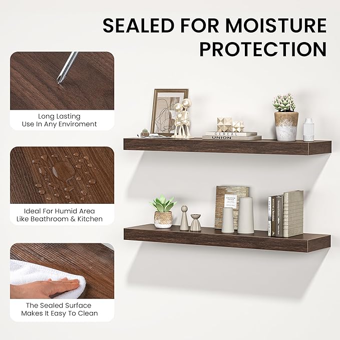 Floating Shelves for Wall, 36" W x 8" D x 1.5" H, Wooden Wall Mounted Display Shelves with Invisible Brackets for Living Room, Bedroom, Bathroom, Kitchen Decor and Storage, Set of 2, Walnut