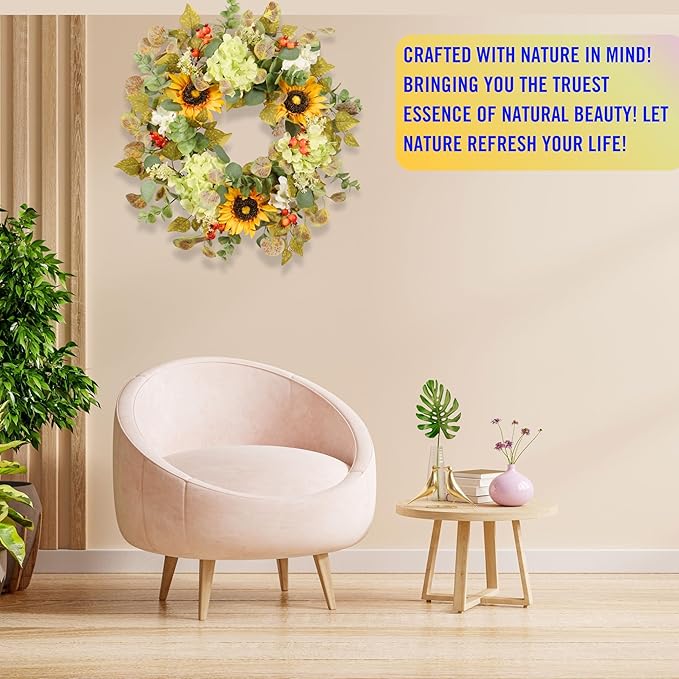 20IN Sunflower Wreath for Front Door Summer Hydrangea Wreath with Eucalyptus Leaves Orange Berries Farmhouse Door Decor for Easter, Mother’s Day, Indoor Outdoor Seasonal Wall Hanging